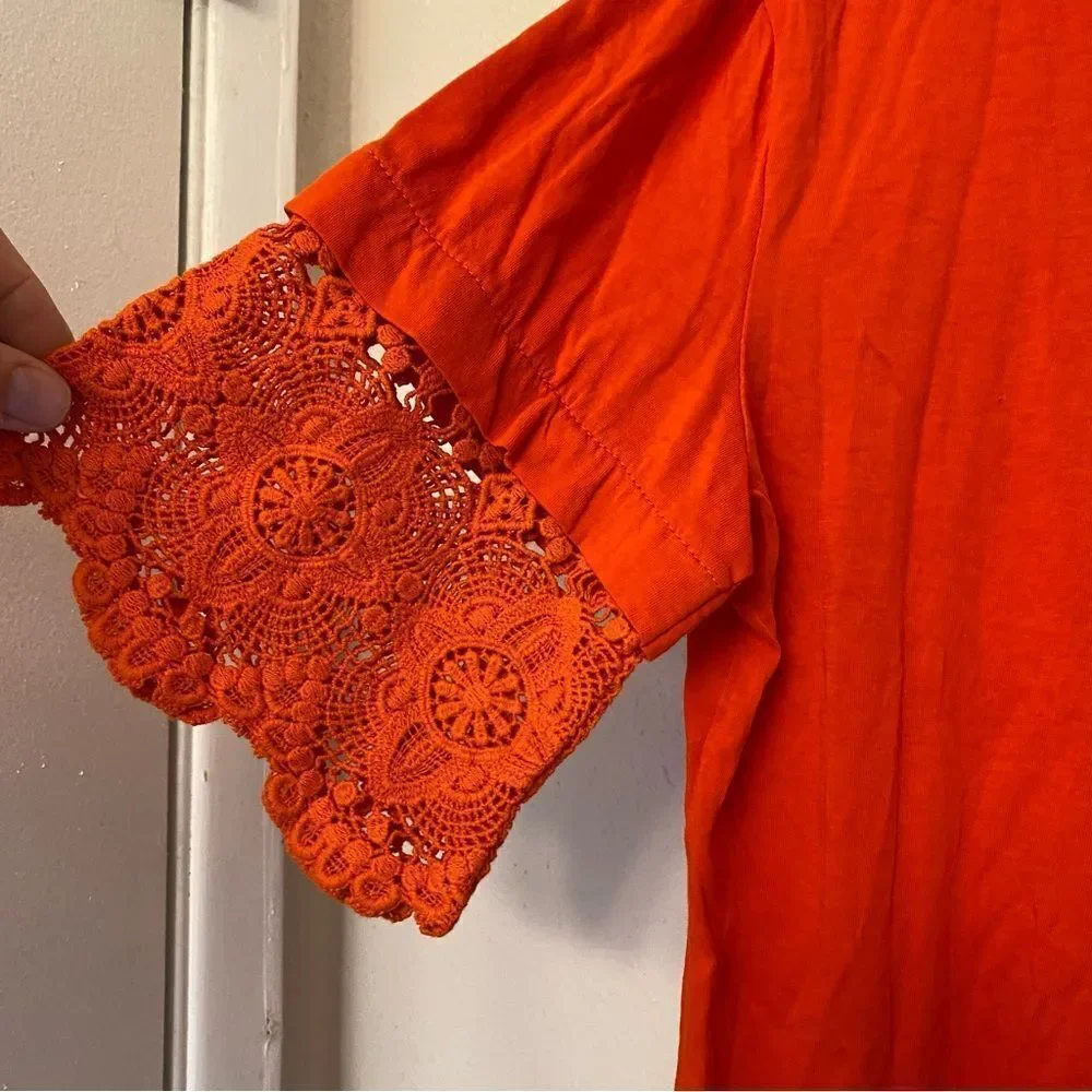 J Crew neck Lace embroidered Sleeve blouse Tee Sunset red orange cotton S